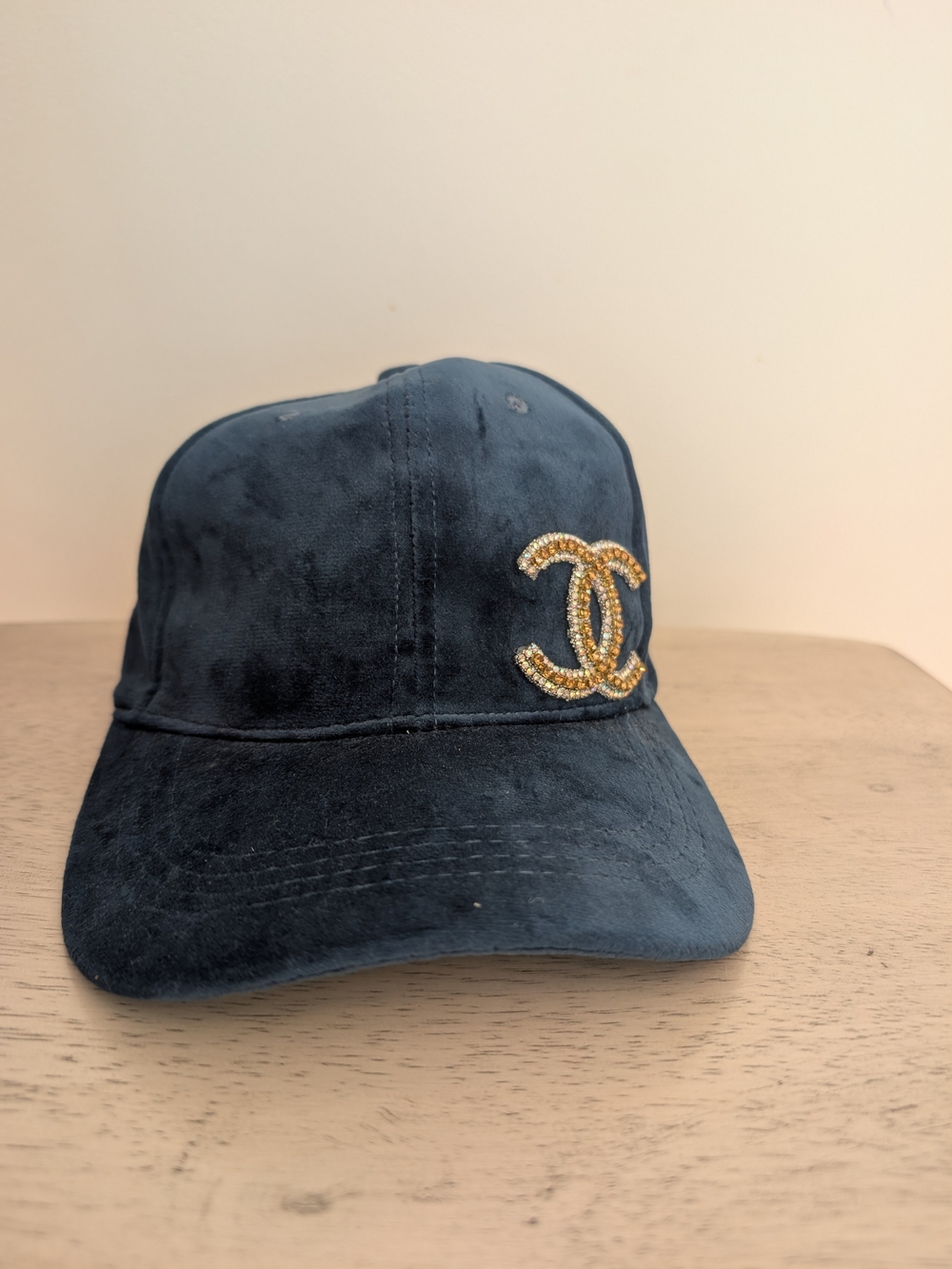 Chanel Inspired Navy Suede Baseball Cap with Gold CC Logo